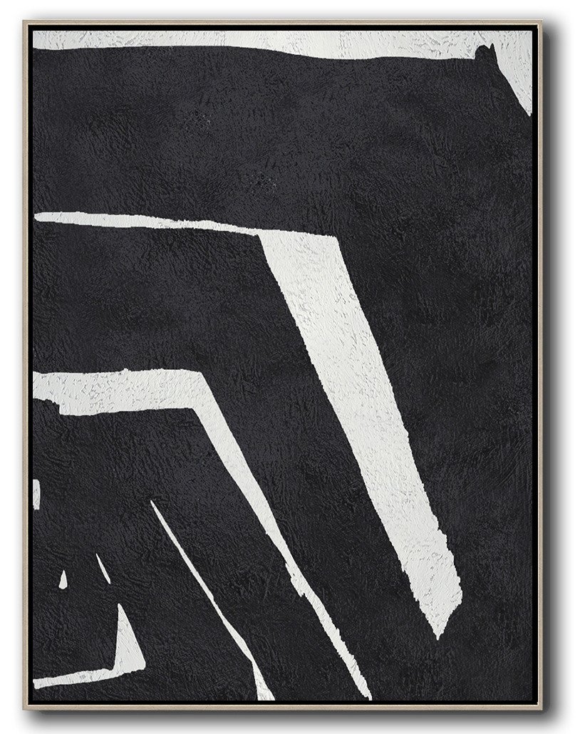 Hand-Painted Black And White Minimal Painting On Canvas - Contemporary Art For Sale Office Room Large